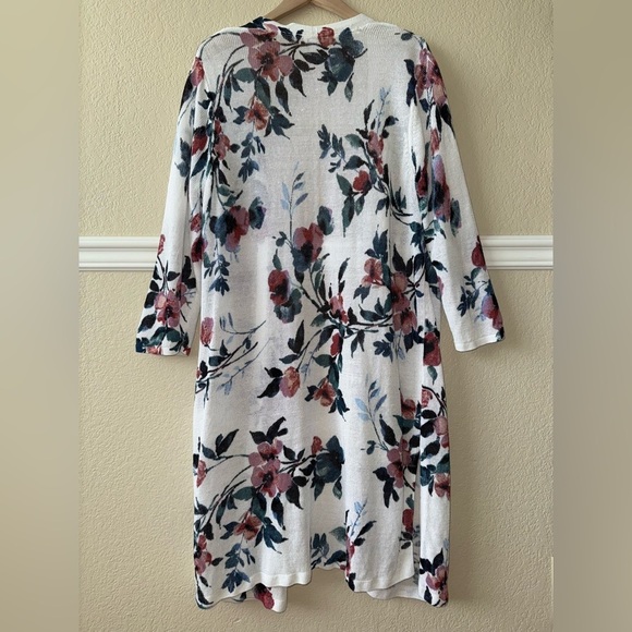 J. Jill Linen Longline Open Front Loose Knit Cardigan Coastal White Floral Large - Picture 2 of 7